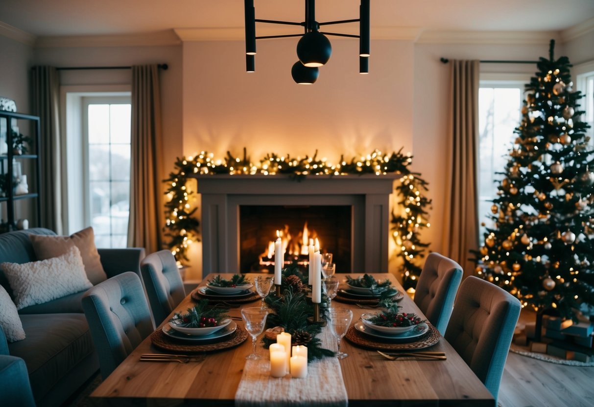 A cozy living room with a crackling fire, twinkling holiday lights, and a table set for a festive family dinner