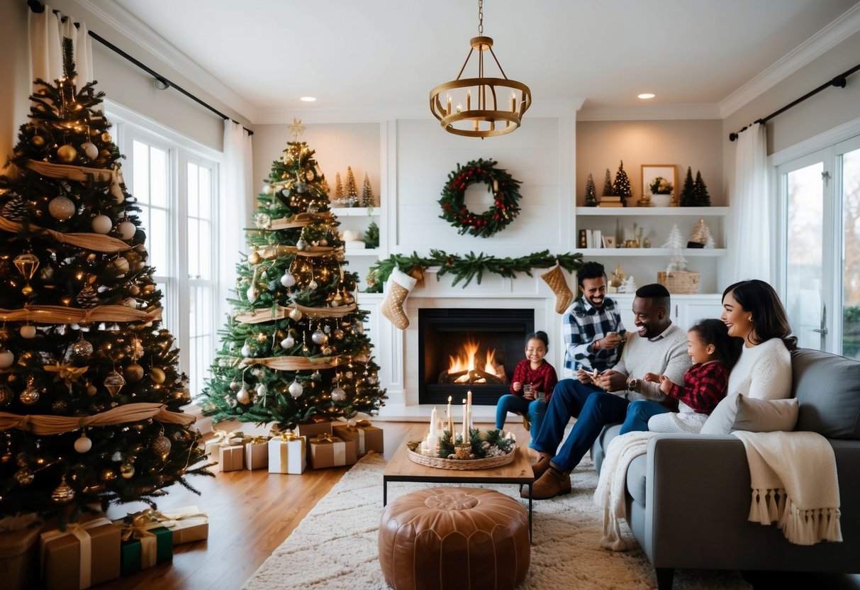 A cozy living room with a crackling fireplace, a beautifully decorated Christmas tree, and a family happily engaged in holiday activities