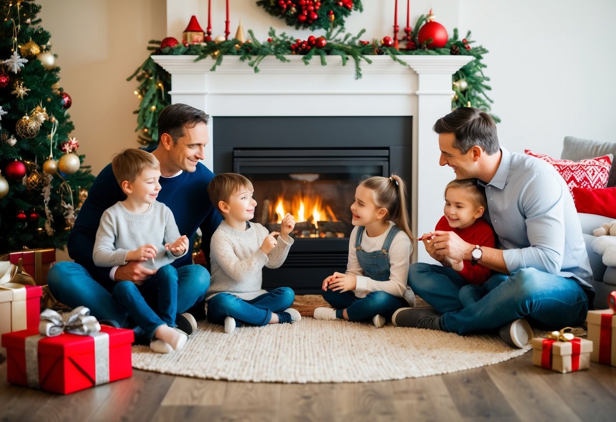 A family sitting around a cozy fireplace, surrounded by holiday decorations. The parents are engaging with their children, using various strategies to manage holiday expectations