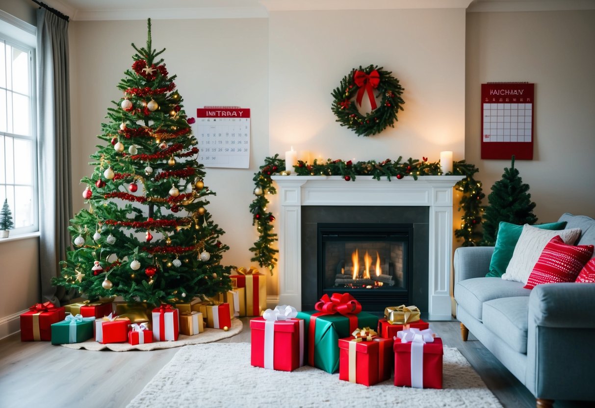 A festive living room with a decorated tree, cozy fireplace, and wrapped presents. A calendar on the wall shows a schedule of delegated holiday tasks