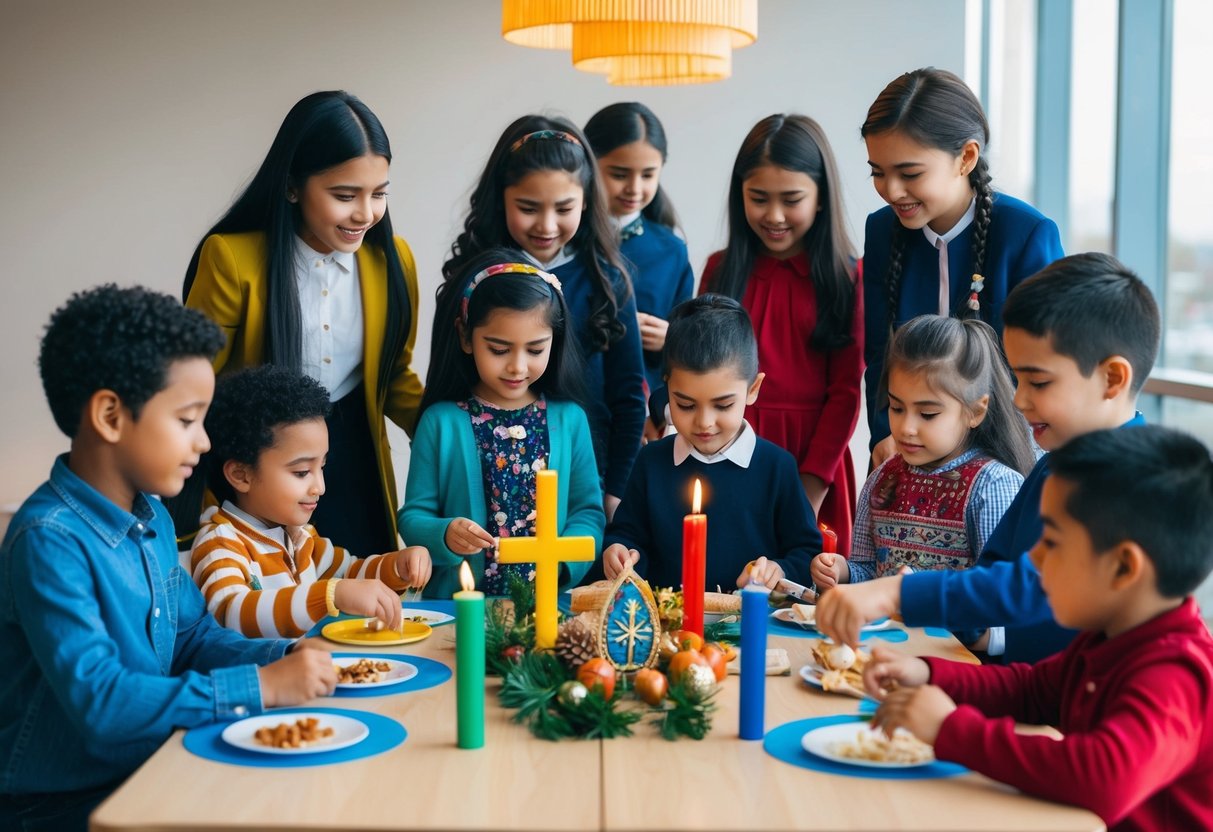 A diverse group of children of different ethnicities and religious backgrounds are gathered around a table, engaging in various activities related to different religious holidays