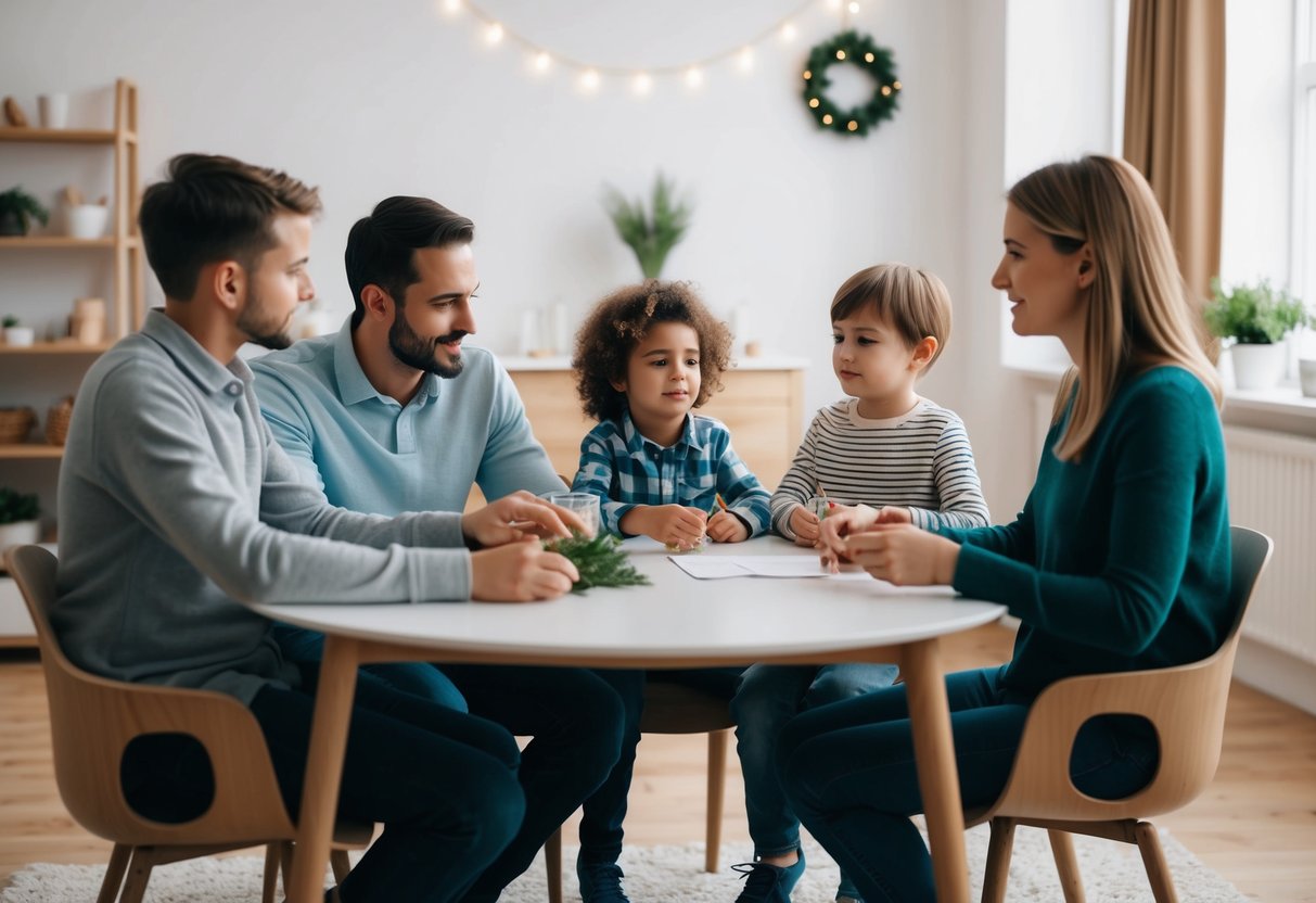 A family sitting around a table, discussing holiday plans and setting realistic expectations with young children