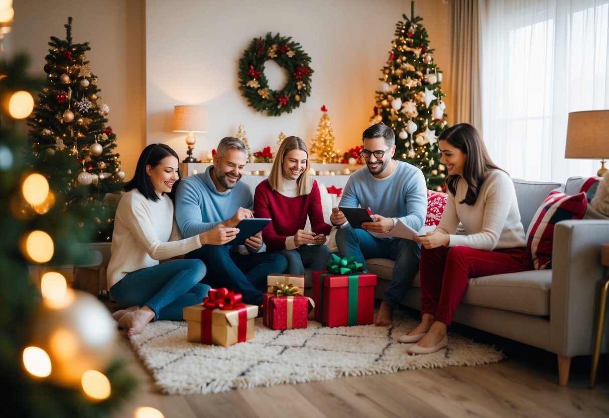 A cozy living room with a family budgeting and planning holiday activities together, surrounded by festive decorations and warm lighting