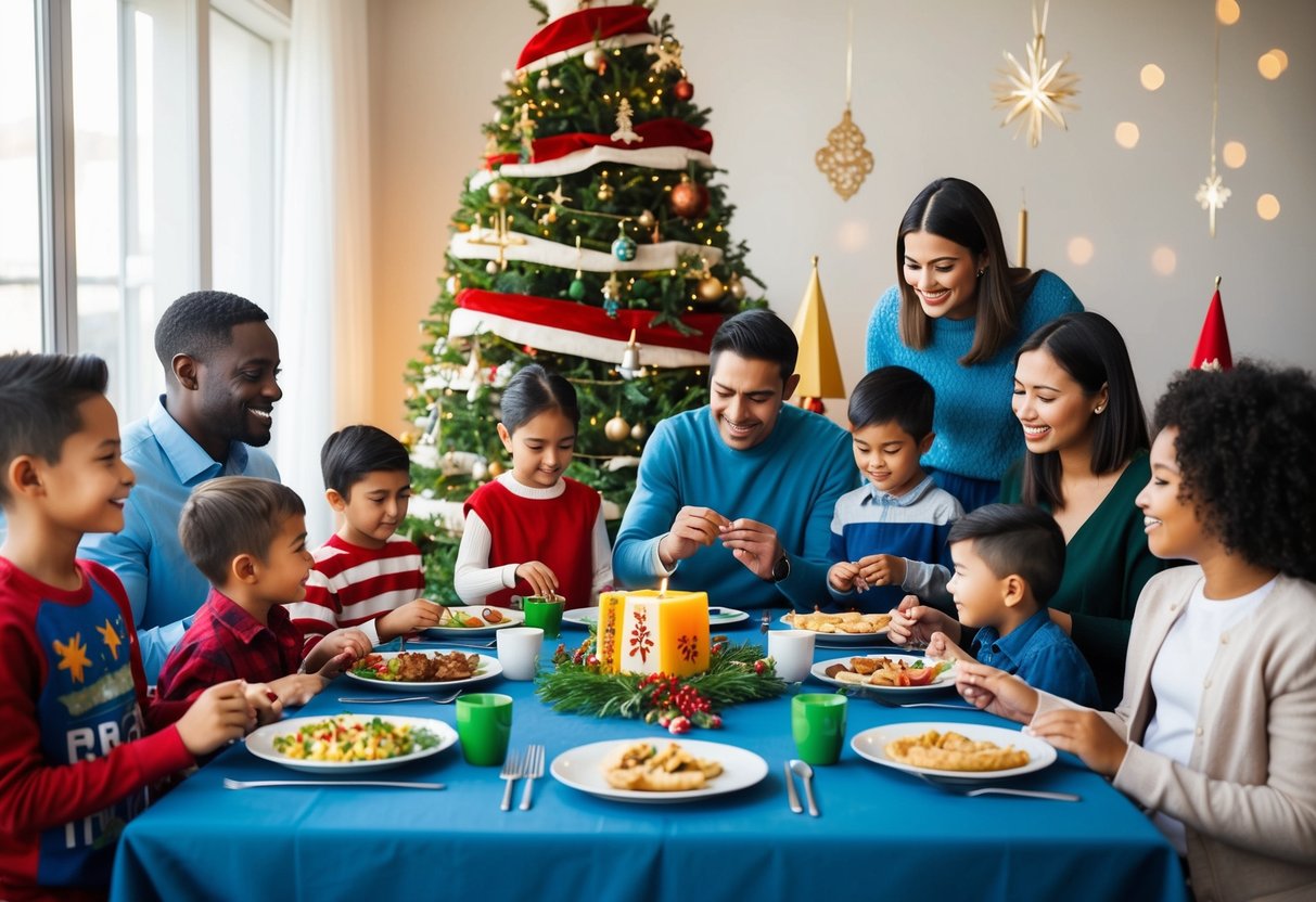 A diverse group of families gather around a table, each engaging in different holiday traditions with their children. Symbols of various religions are displayed respectfully