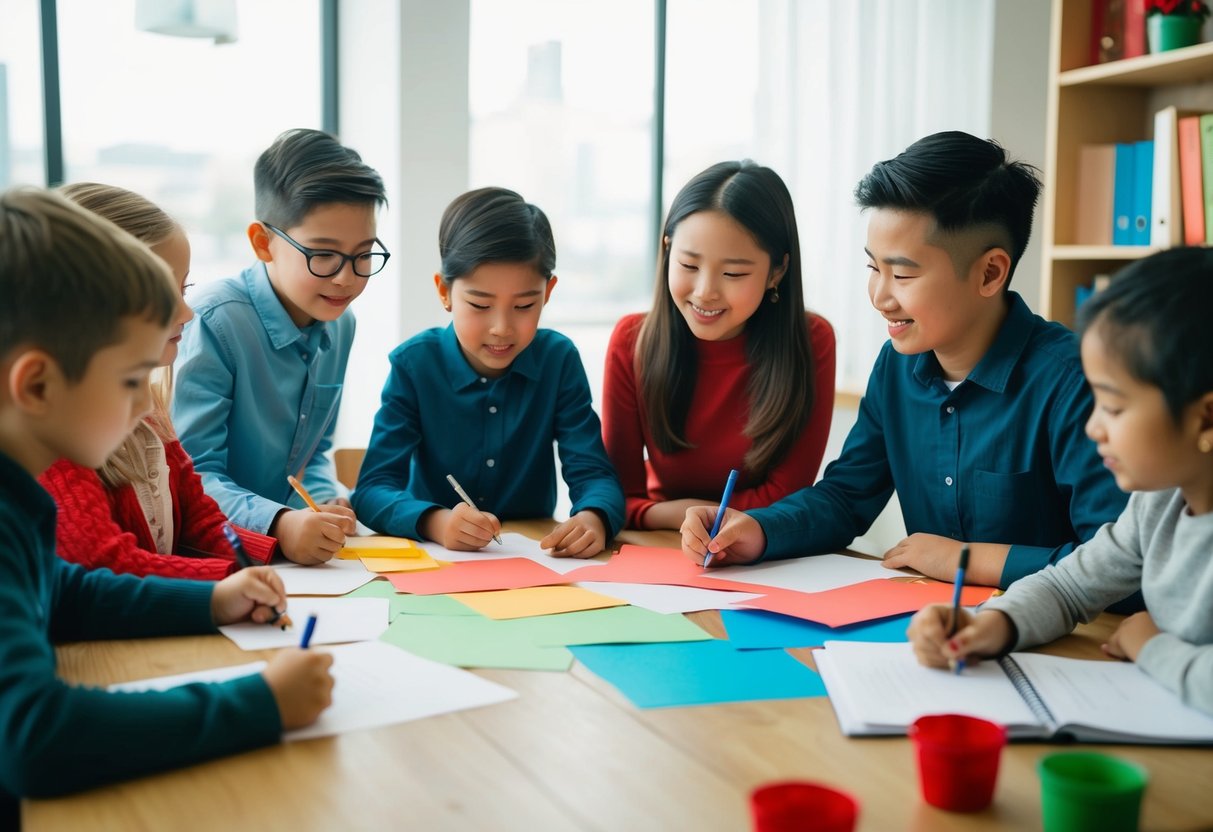 A group of children and adults sit around a table, brainstorming and writing down ideas on colorful paper for managing holiday expectations