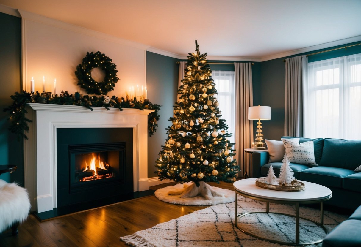 A cozy living room with a crackling fireplace, adorned with a beautifully decorated Christmas tree and twinkling lights