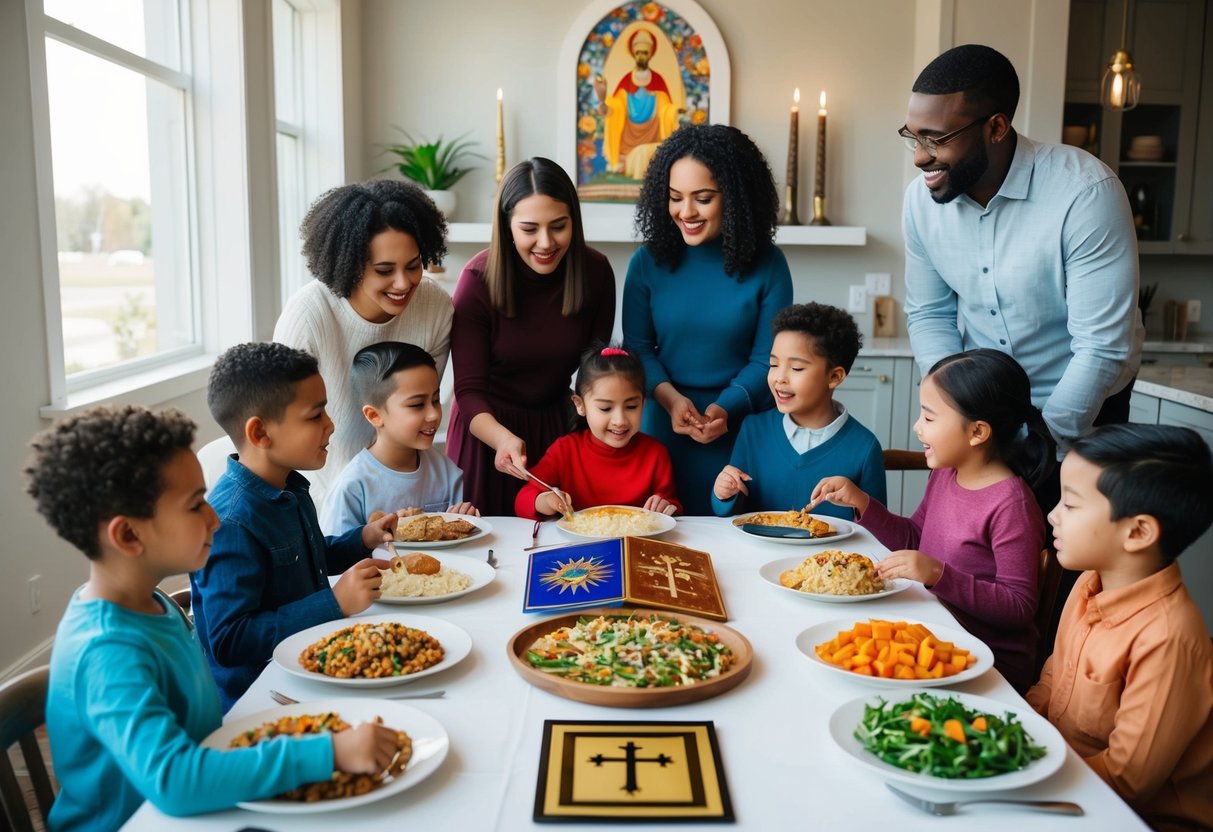 A diverse group of children and parents gather around a table, sharing food and stories from different religious traditions. Symbols of various faiths are displayed respectfully