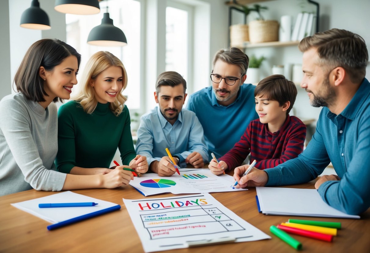 A family sitting around a table, discussing and planning for the holidays, with a budget sheet and colorful markers spread out in front of them