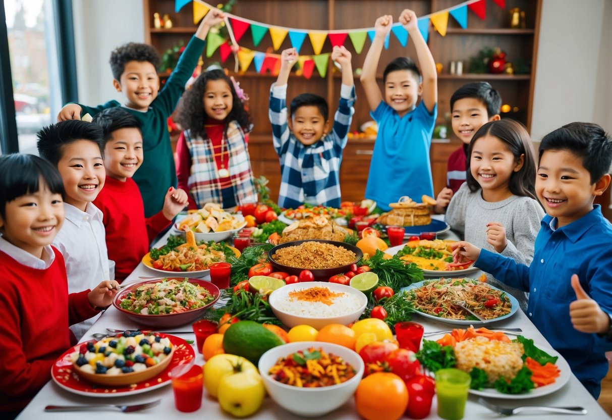 A table displays a colorful array of festive foods from different cultures, surrounded by children of various ethnicities celebrating together