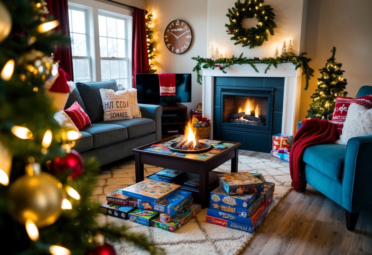 A cozy living room with a crackling fireplace, a pile of board games, and a hot cocoa station, surrounded by festive decorations and twinkling lights