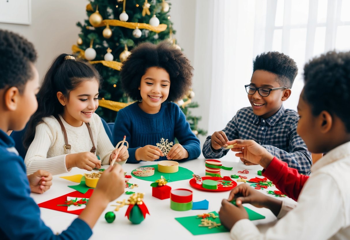 A group of children and adults sit around a table, crafting together with various holiday-themed materials. They are smiling and sharing ideas while respecting each other's religious traditions