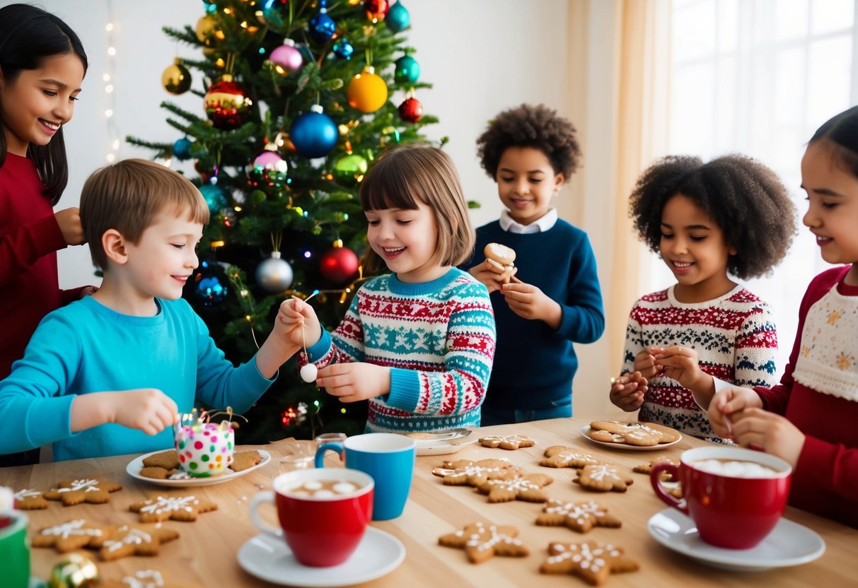 A group of children happily decorating a Christmas tree with colorful ornaments and lights, while another group is busy making gingerbread cookies and hot cocoa