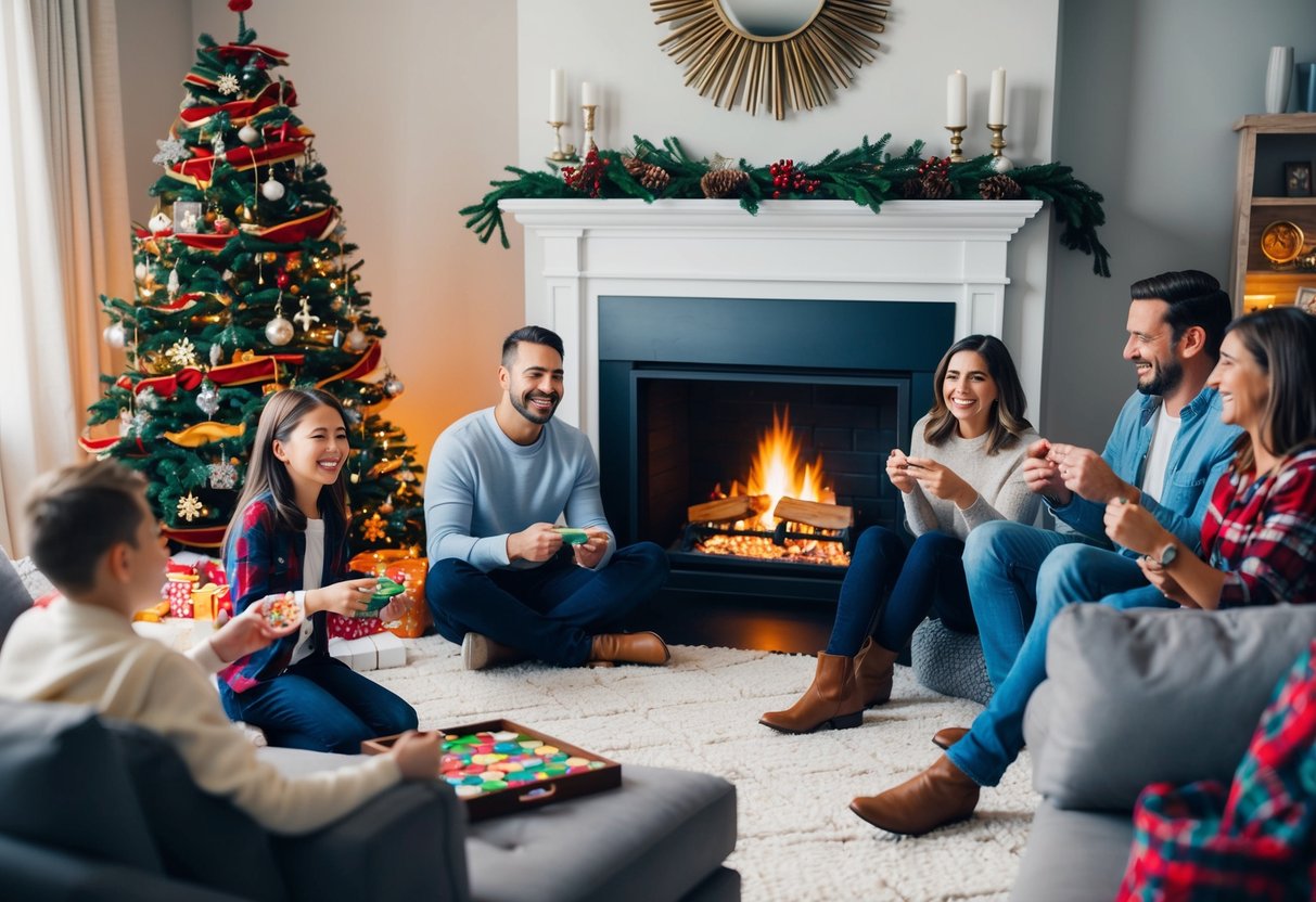 A cozy living room with a crackling fireplace, a decorated Christmas tree, and a family gathered around playing games and sharing laughter