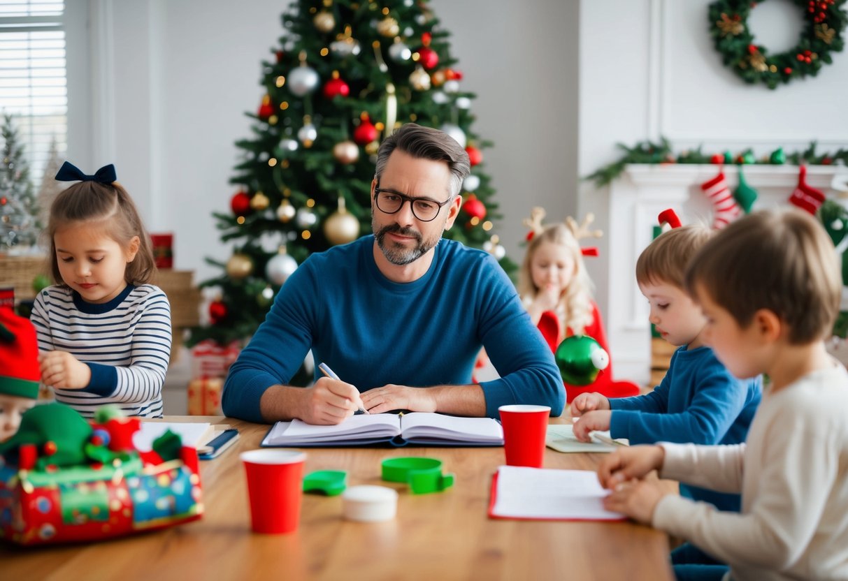 A parent sits calmly amidst holiday chaos, utilizing a planner and taking deep breaths while children play and decorations are put up