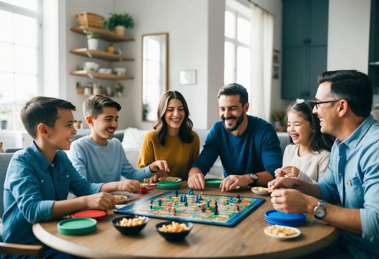 A family sits around a table, playing board games and enjoying snacks. Laughter fills the room as they bond and create cherished memories together