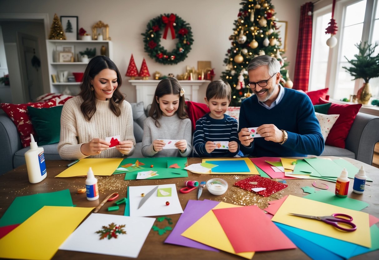 A cozy living room with a table covered in colorful paper, scissors, glue, and glitter. A family sits together crafting holiday cards, surrounded by festive decorations