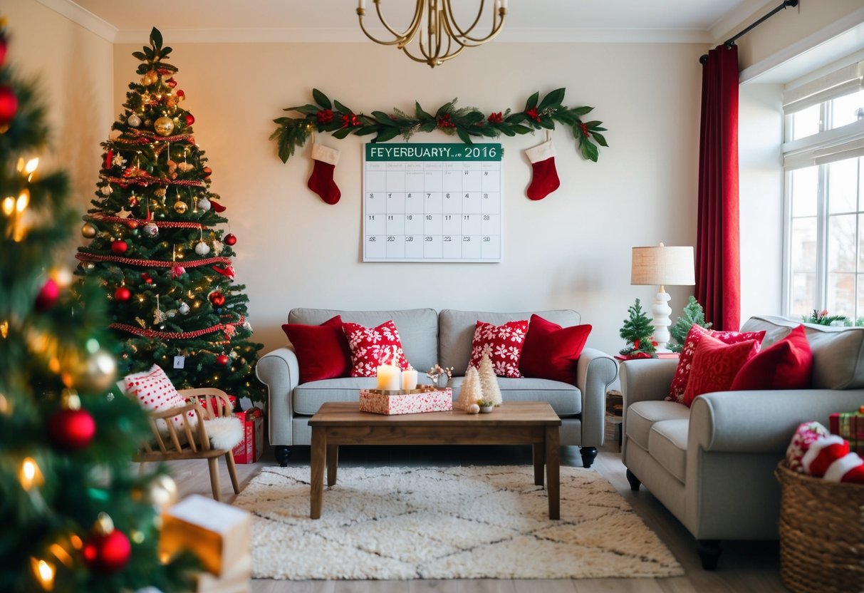 A cozy living room with a festive calendar on the wall, surrounded by cheerful holiday decorations and a warm, inviting atmosphere