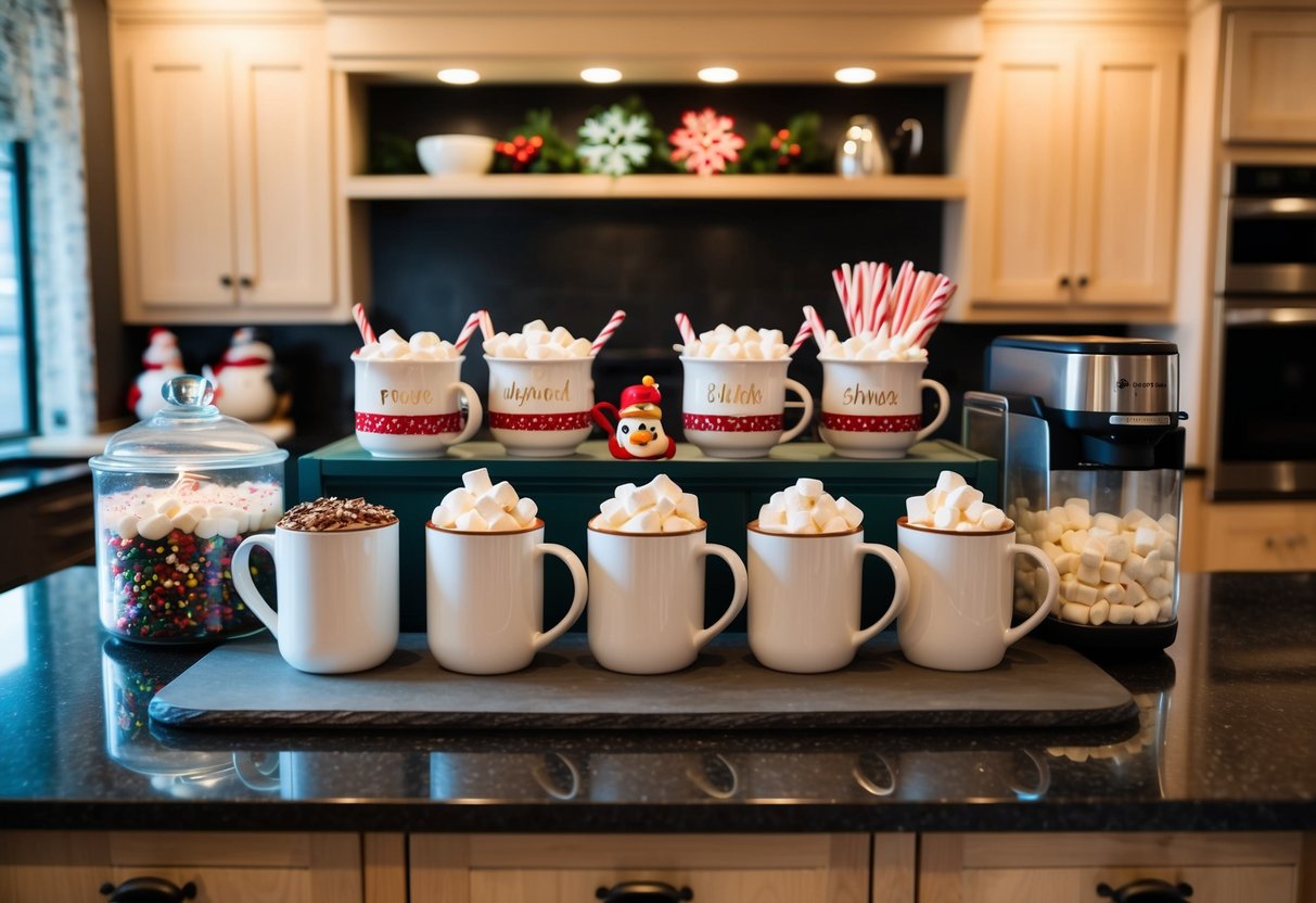 A cozy kitchen counter with a festive hot cocoa station: mugs, marshmallows, and a variety of toppings neatly arranged for easy access