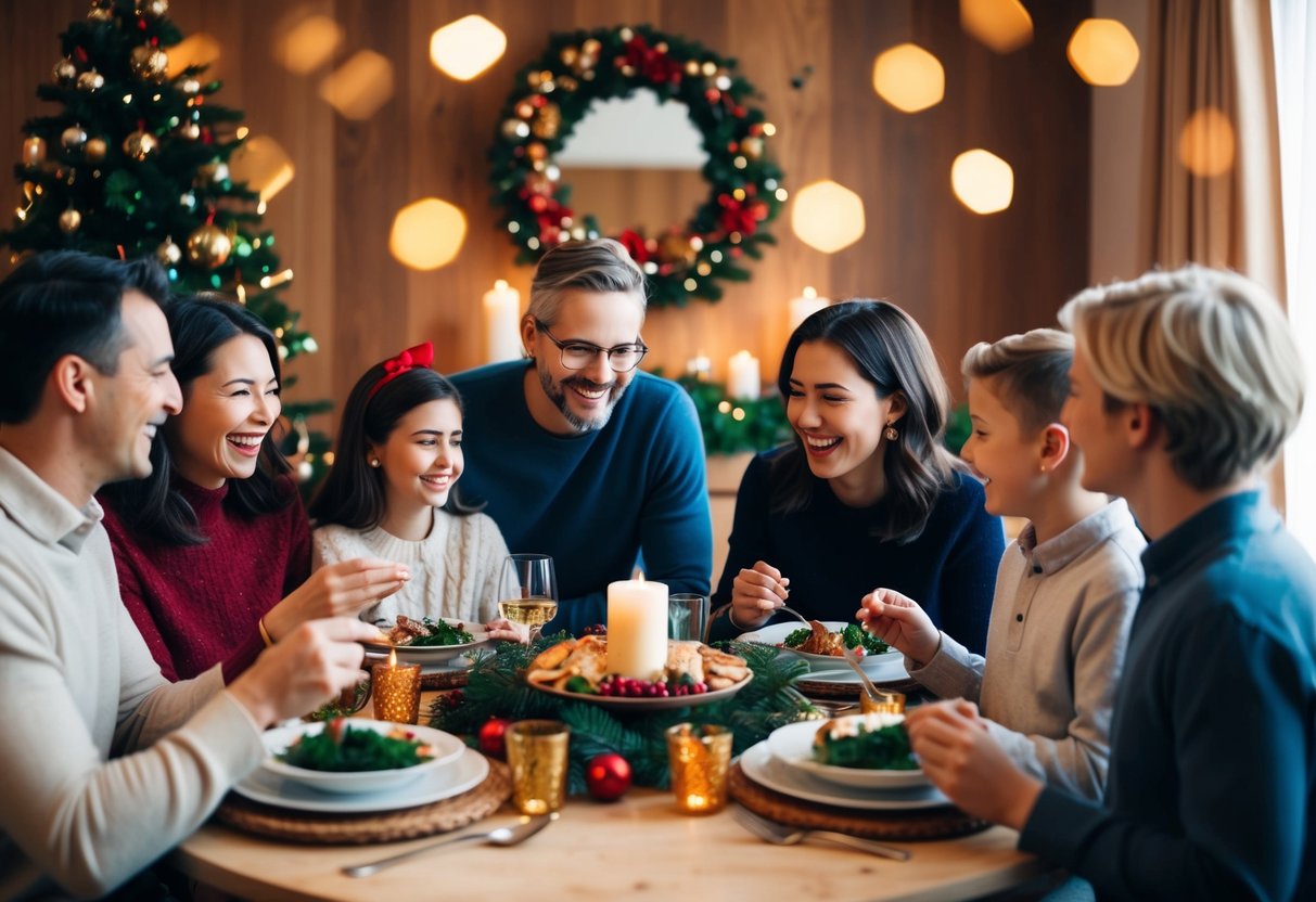 A family gathered around a beautifully decorated holiday table, laughing and sharing a meal together, with warm, festive decorations in the background