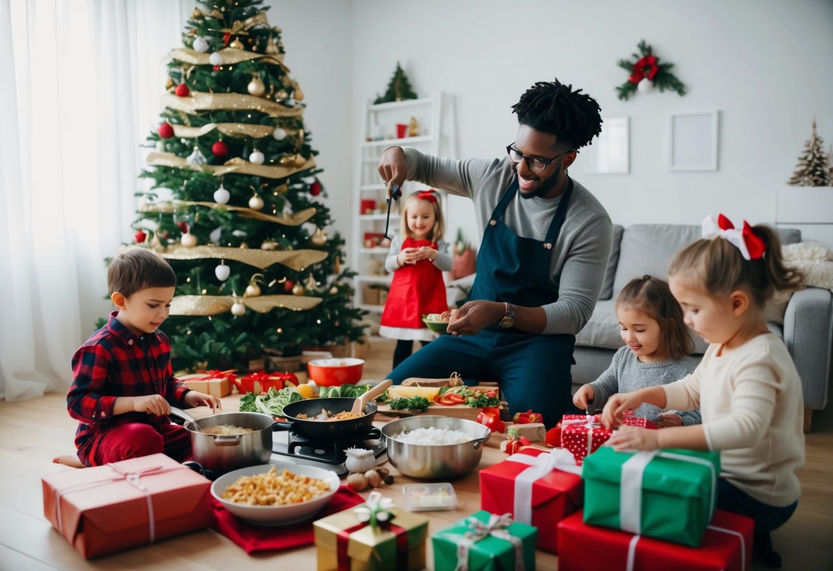 A parent surrounded by holiday tasks, juggling cooking, decorating, and gift-wrapping while children play nearby