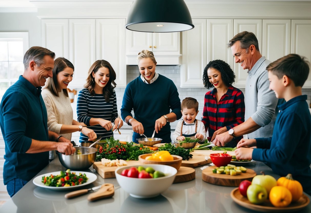 A family gathered around a kitchen island, each member engaged in preparing a holiday meal together. Laughter and conversation fill the air as they work collaboratively