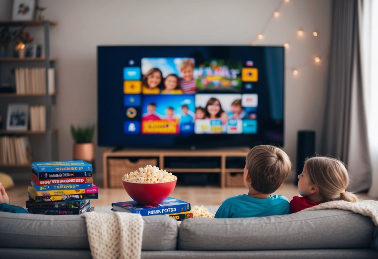 A cozy living room with a big screen TV, a stack of family-friendly movies, a bowl of popcorn, and a warm blanket fort for the kids to snuggle in