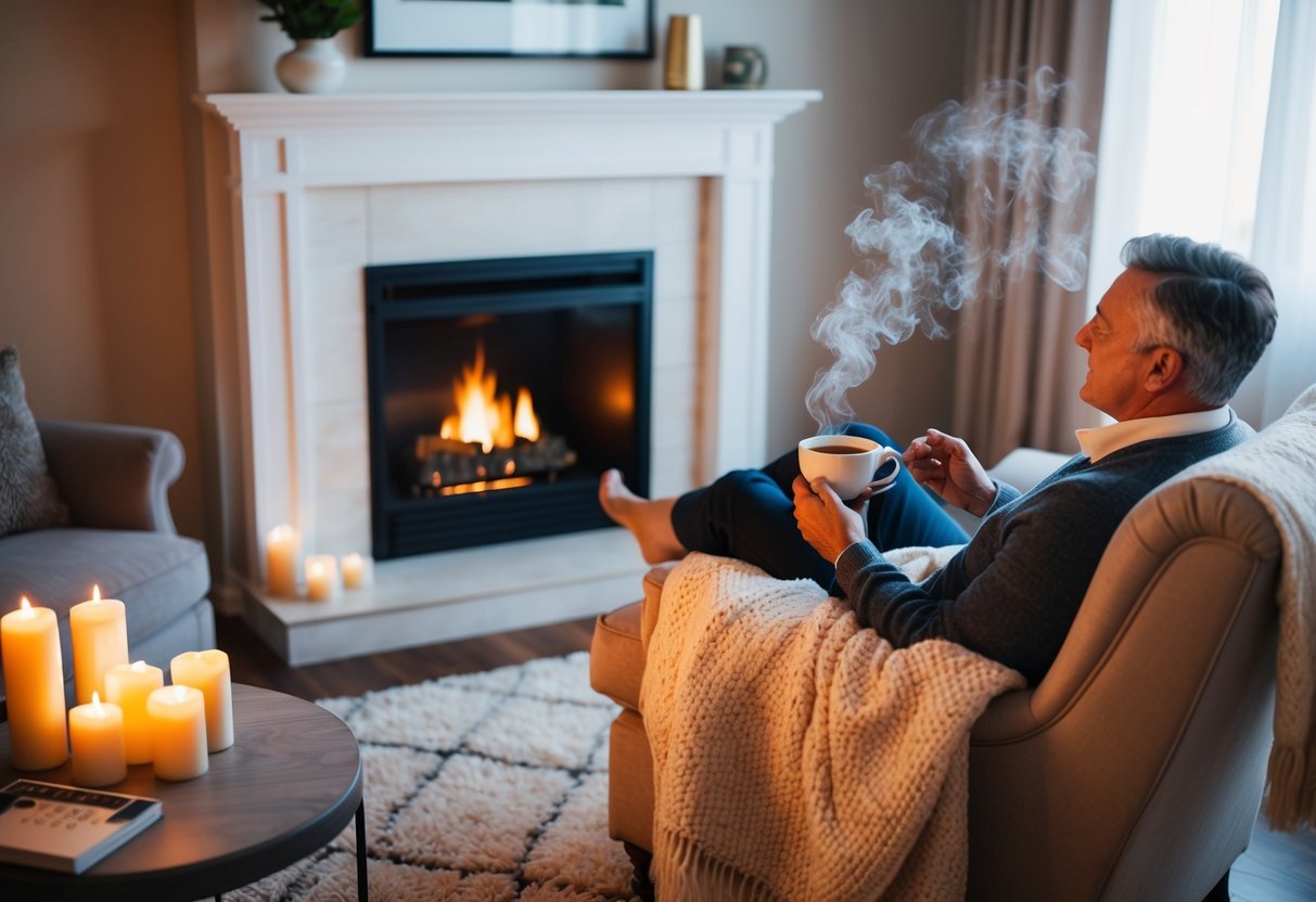 A cozy living room with a warm fireplace, soft blankets, and a steaming cup of tea. A parent relaxes in a comfortable chair, surrounded by calming candles and soothing music