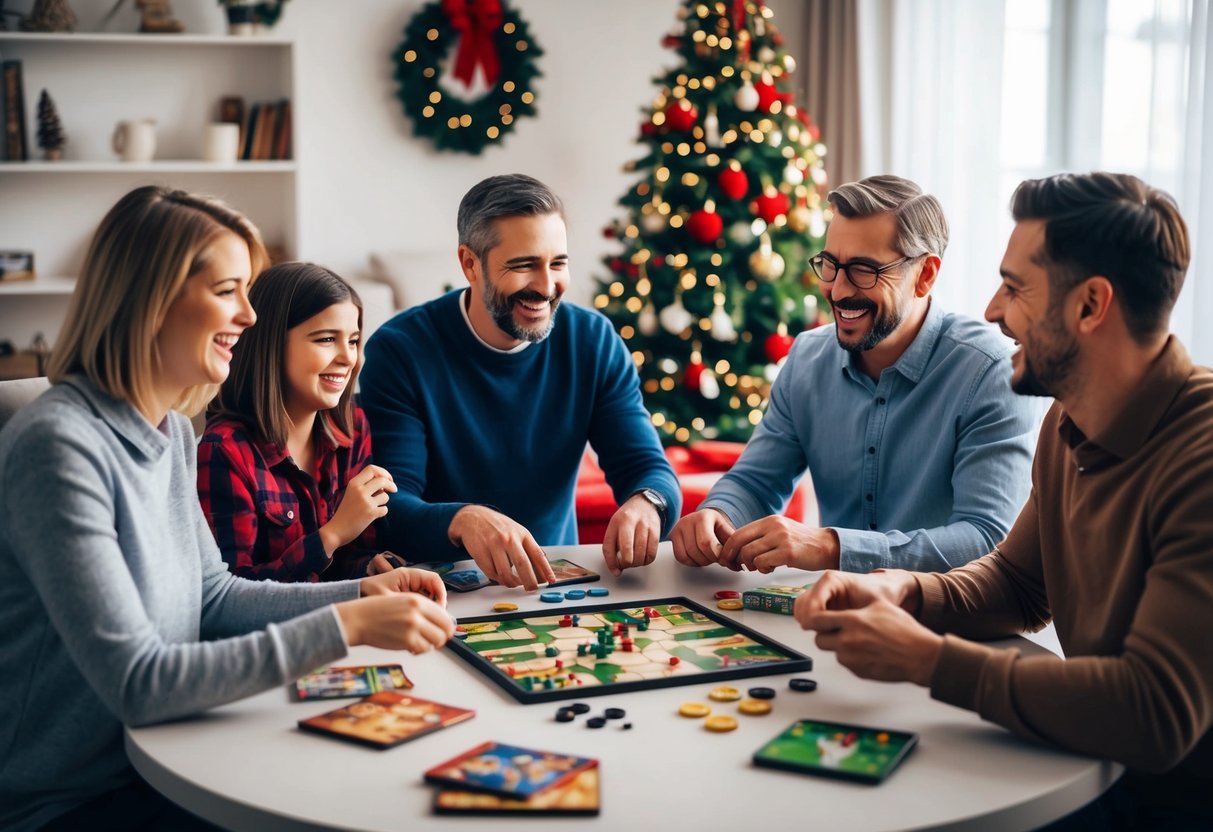 A family gathered around a table, playing board games and sharing laughter. A cozy living room with a decorated Christmas tree in the background