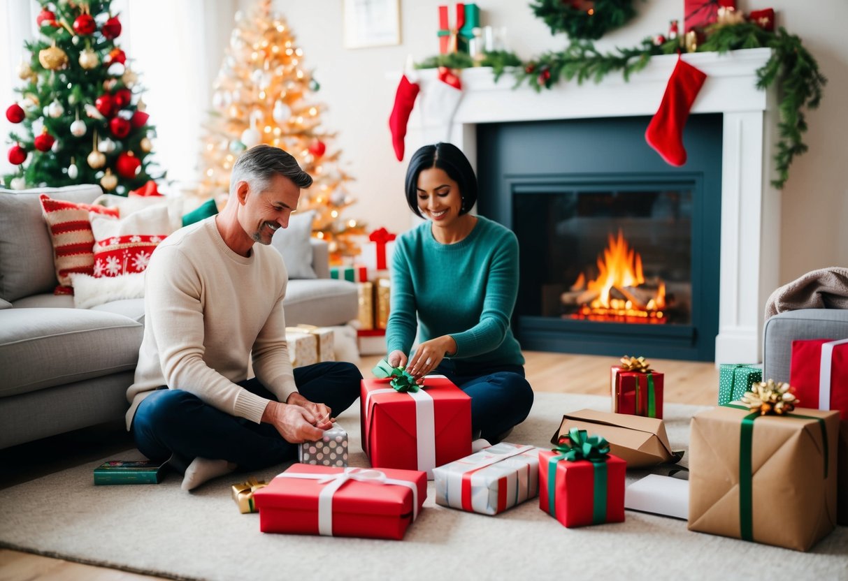 A parent peacefully organizing and wrapping gifts in a clutter-free, cozy living room with a warm fireplace and festive decorations