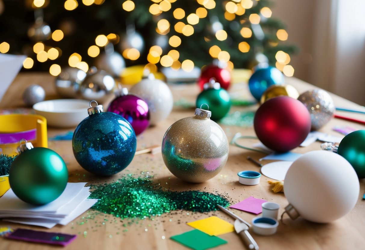 A table covered in craft supplies: glitter, glue, paint, and paper. A variety of ornaments in different stages of completion. A cheerful, festive atmosphere