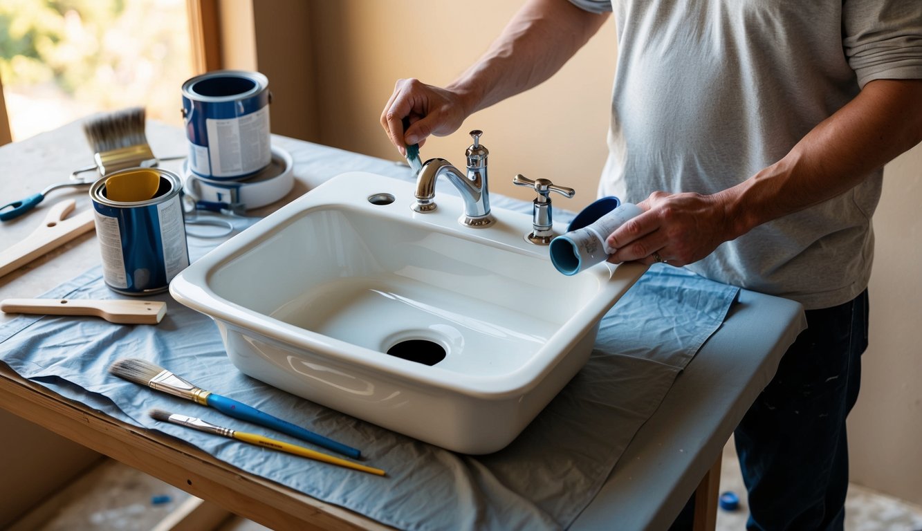 A ceramic sink sits on a workbench, surrounded by paintbrushes, paint cans, and a drop cloth. A person stands nearby, ready to begin painting