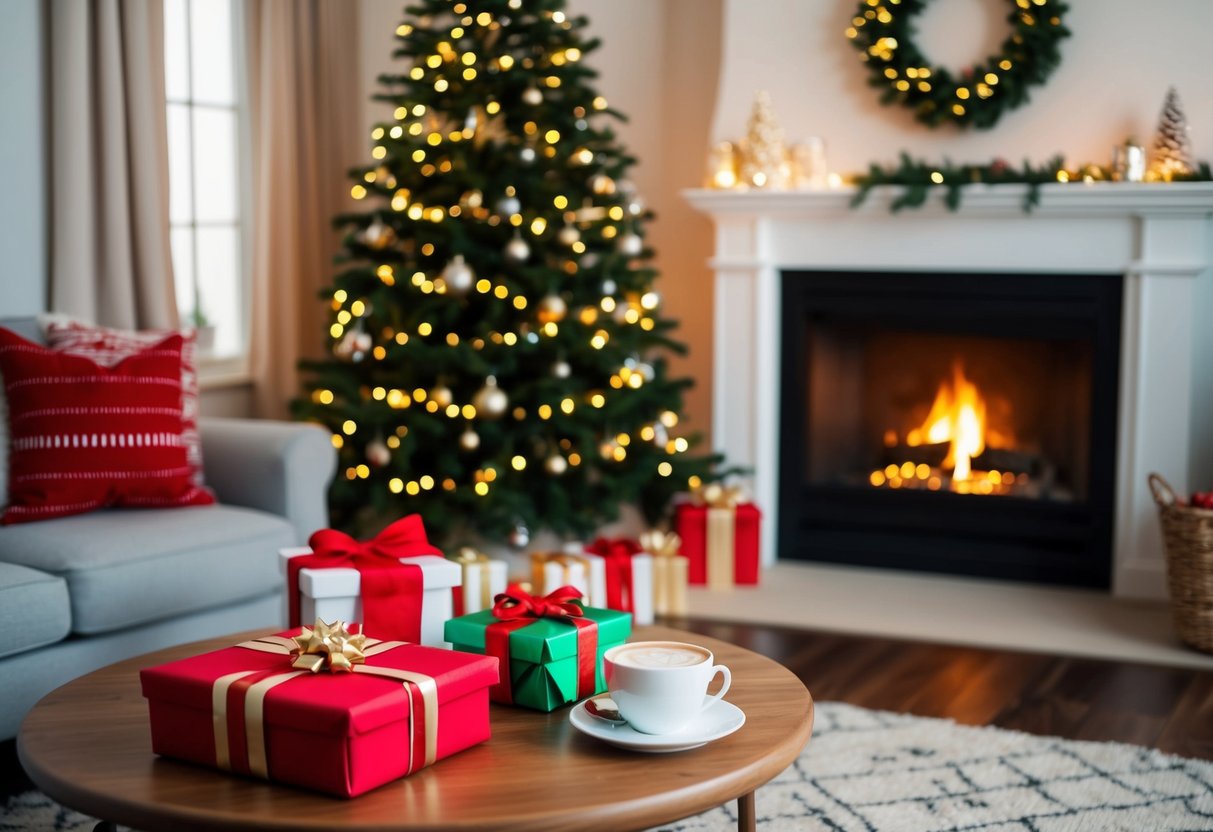 A cozy living room with a crackling fireplace, a festive tree adorned with twinkling lights, and a table set with beautifully wrapped gifts and a cup of hot cocoa