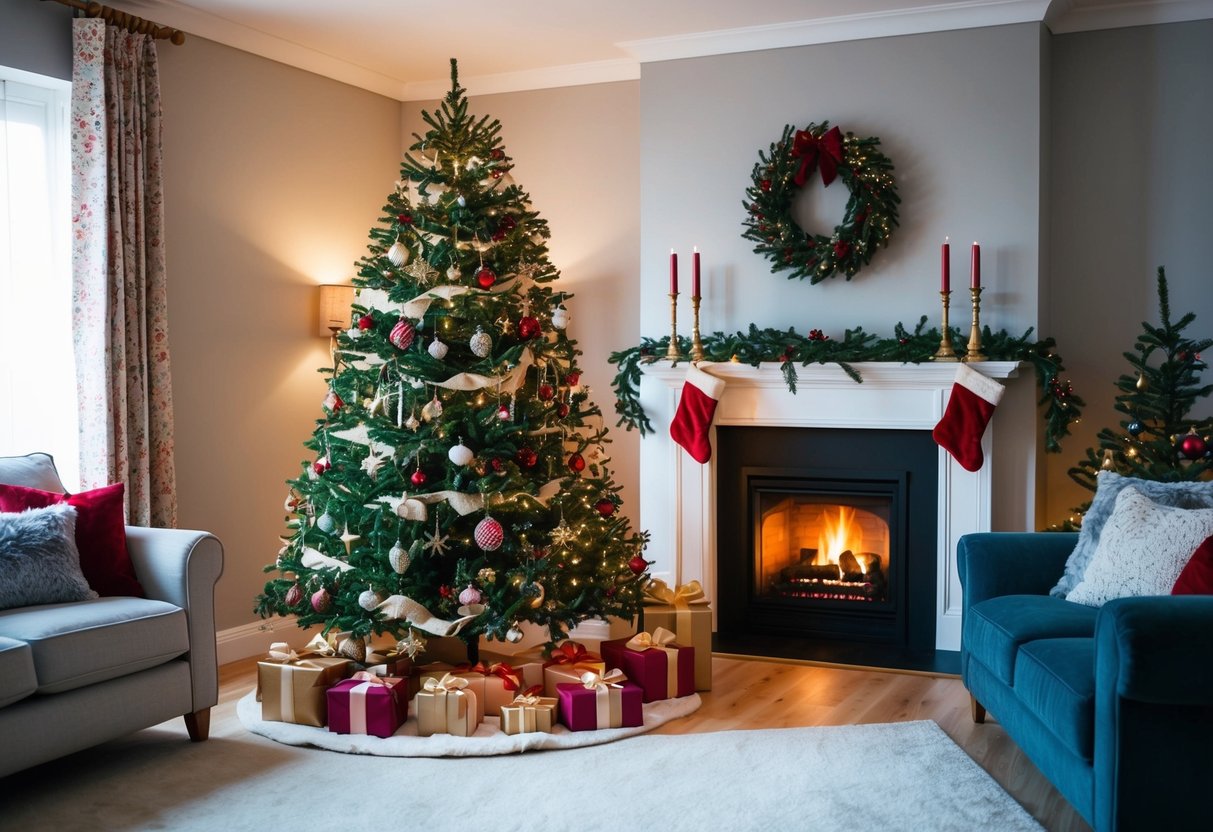 A cozy living room with a festive atmosphere, featuring a beautifully decorated Christmas tree surrounded by wrapped presents and a warm fireplace