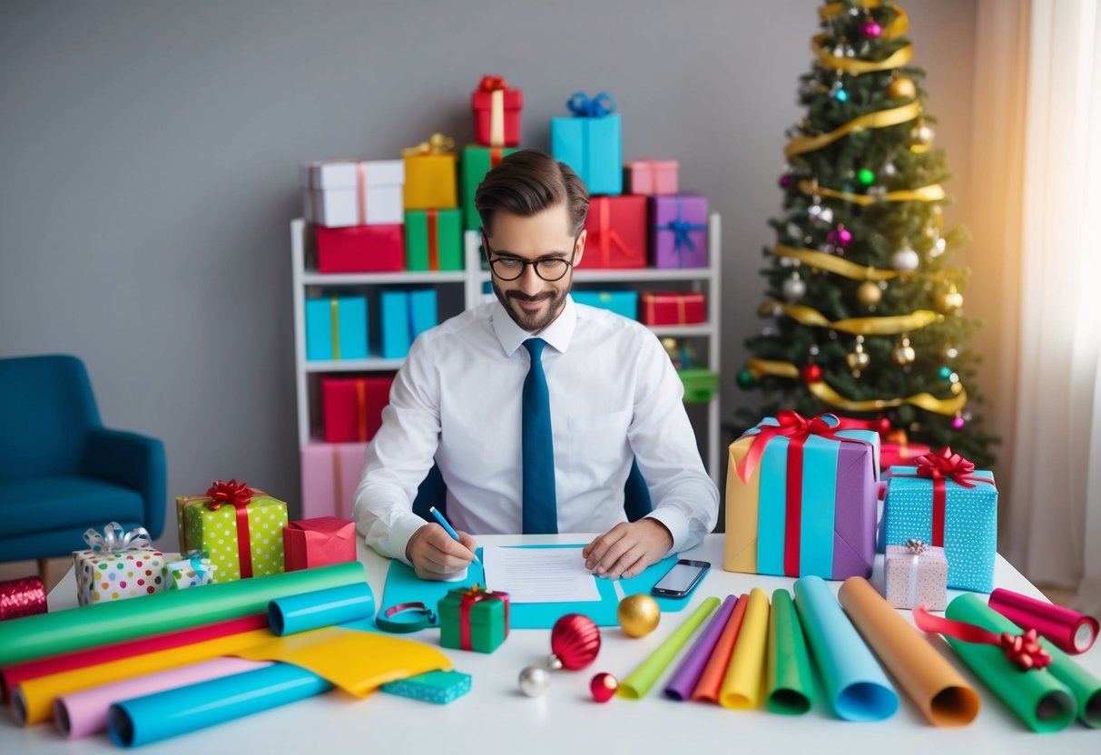 A person sits at a desk surrounded by colorful wrapping paper and ribbon, organizing a budget and making a list of gift ideas