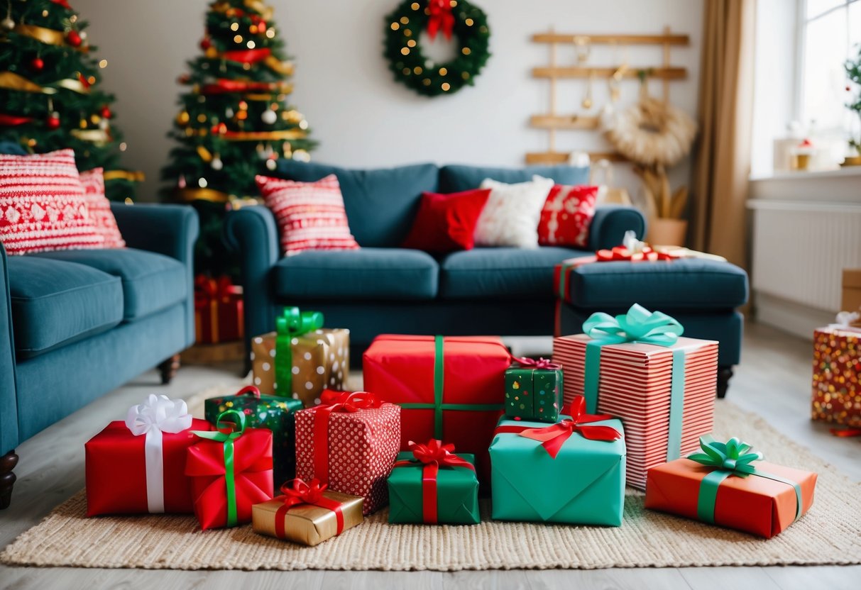 A cozy living room with a festive gift-wrapping station, surrounded by colorful ribbons, wrapping paper, and handmade DIY gifts