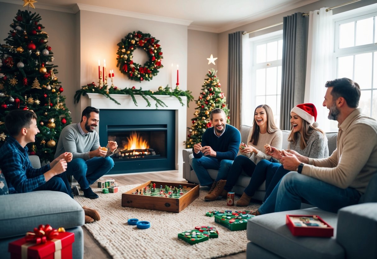 A cozy living room with a decorated Christmas tree, a crackling fireplace, and a family gathered around playing games and sharing laughter