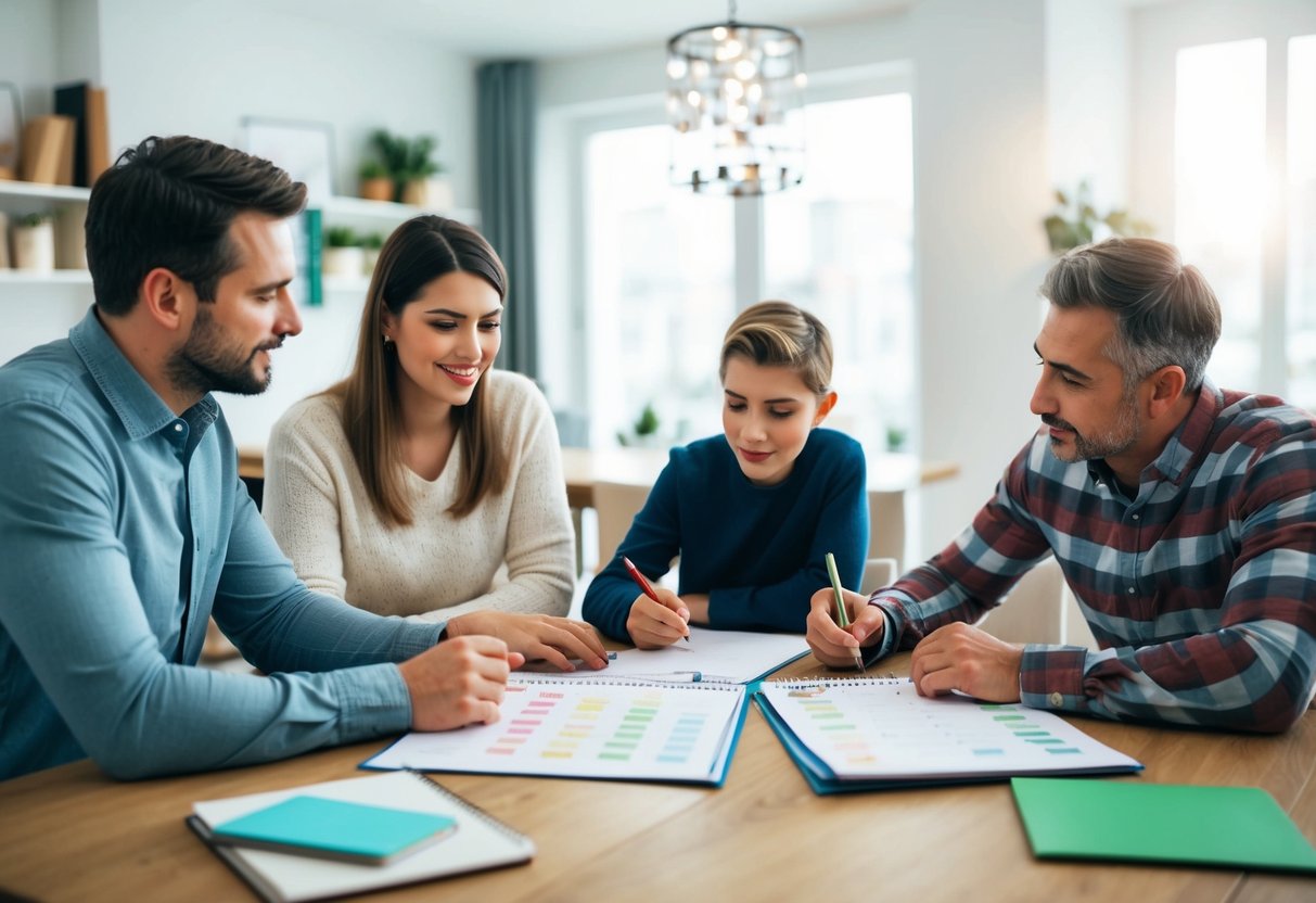 A family sitting around a table, discussing and planning their calendar. A mix of work, school, and holiday events are being organized and balanced