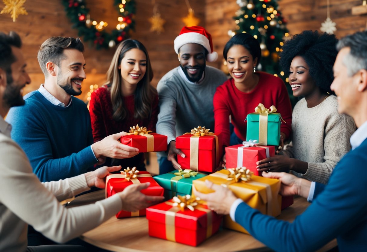 A group of diverse people exchanging wrapped gifts in a festive setting, surrounded by decorations and a sense of warmth and joy