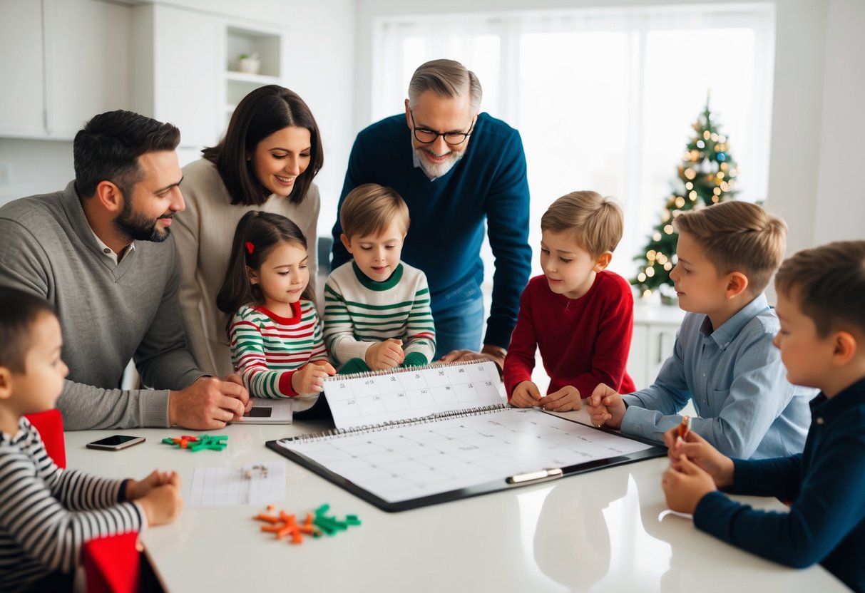 A family gathered around a calendar, discussing and prioritizing holiday activities and events