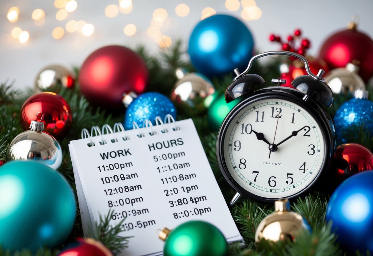 A clock surrounded by festive decorations, with a calendar marked with specific work hours and holiday schedules