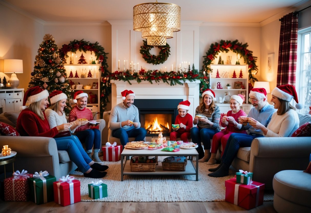 A cozy living room filled with festive decorations and a glowing fireplace, surrounded by family members engaged in various holiday activities such as baking, playing games, and exchanging gifts