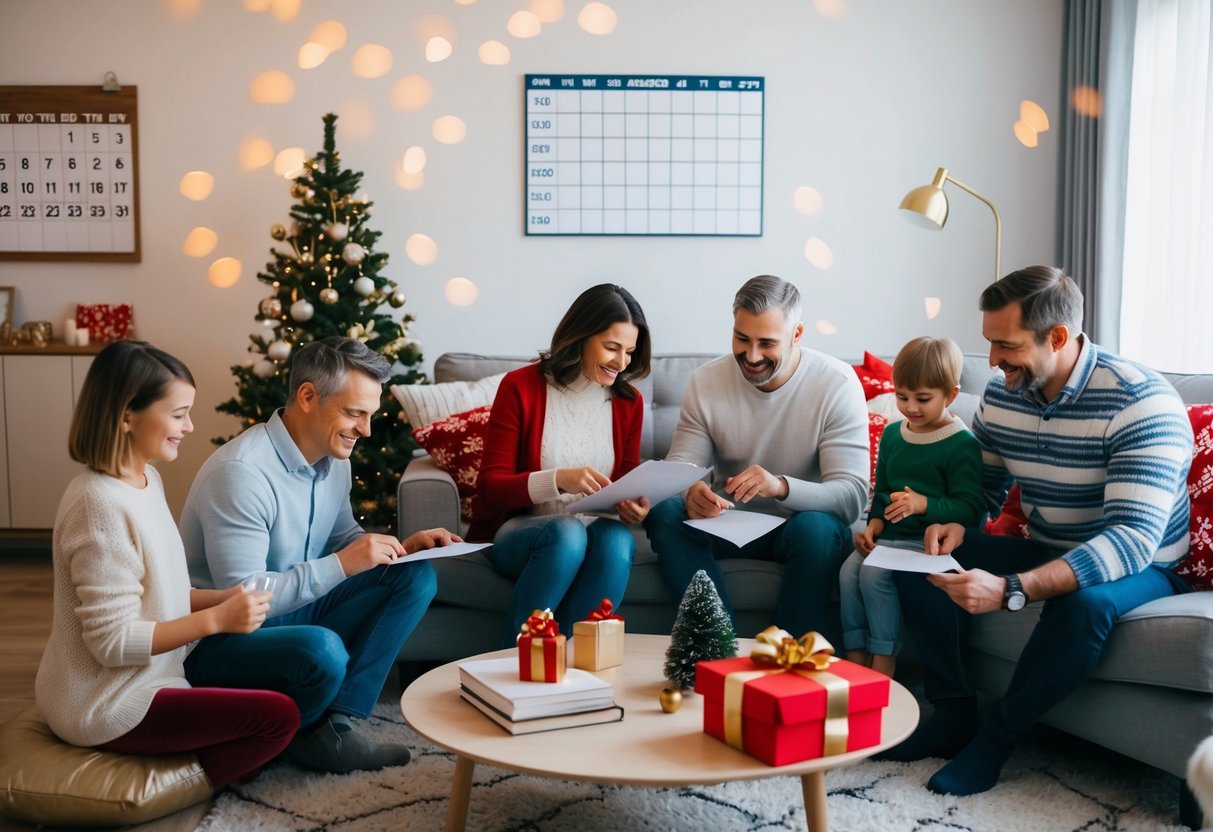 Family members completing various holiday tasks together in a cozy living room, with a calendar and schedule visible on the wall