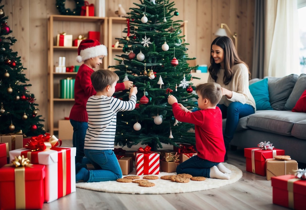 Children decorating a Christmas tree while parents wrap gifts and bake cookies in a cozy, festive living room