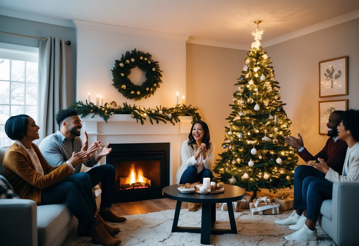 A cozy living room with a crackling fireplace, twinkling holiday lights, and a beautifully decorated tree surrounded by loved ones sharing laughter and joy