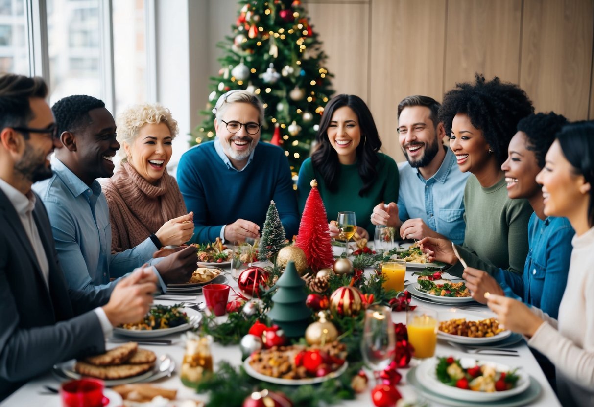 A diverse group of people of different ages and ethnicities gather around a table filled with various holiday decorations and food, smiling and laughing together