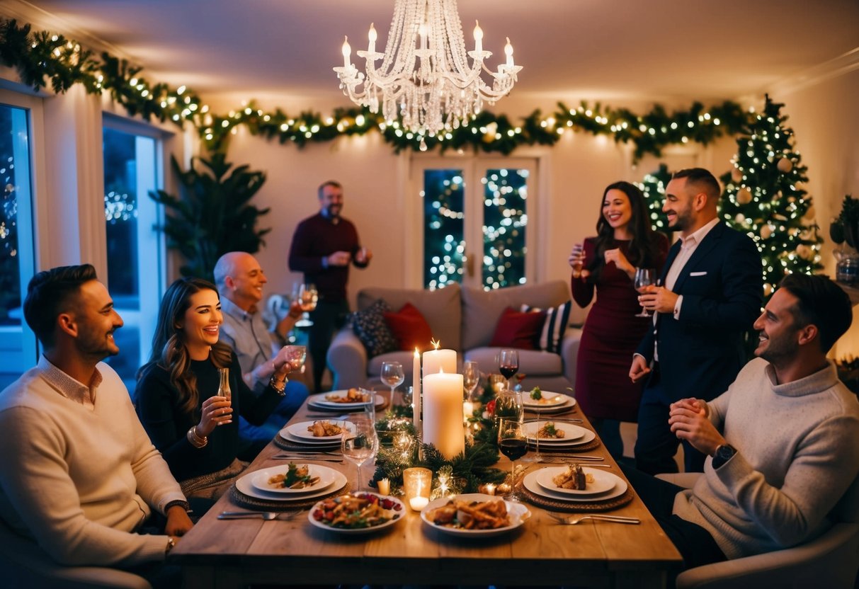 A cozy living room adorned with twinkling lights and festive decorations. A beautifully set dining table with delicious food and drinks. A relaxed host overseeing joyful guests mingling and laughing