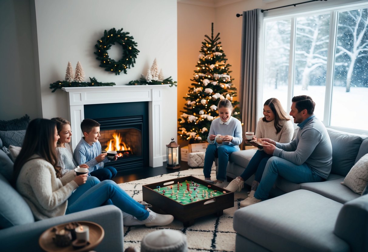 A cozy living room with a family gathered around a crackling fireplace, playing board games and enjoying hot cocoa together. Outside, snow falls gently, creating a peaceful winter scene