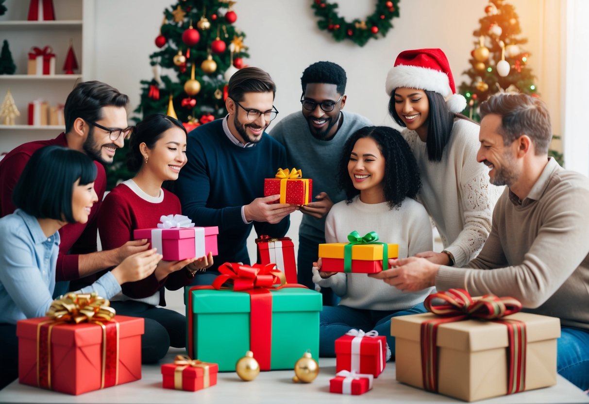 A diverse group of people exchanging gifts from different cultural traditions in a festive setting with decorations representing various holidays