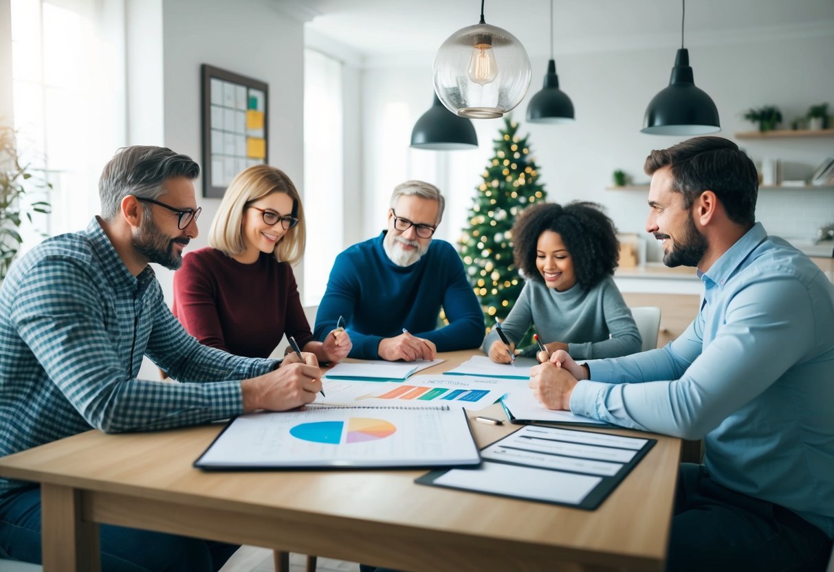 A family sitting around a table, brainstorming and planning for the holidays. A calendar and list of strategies are visible on the table