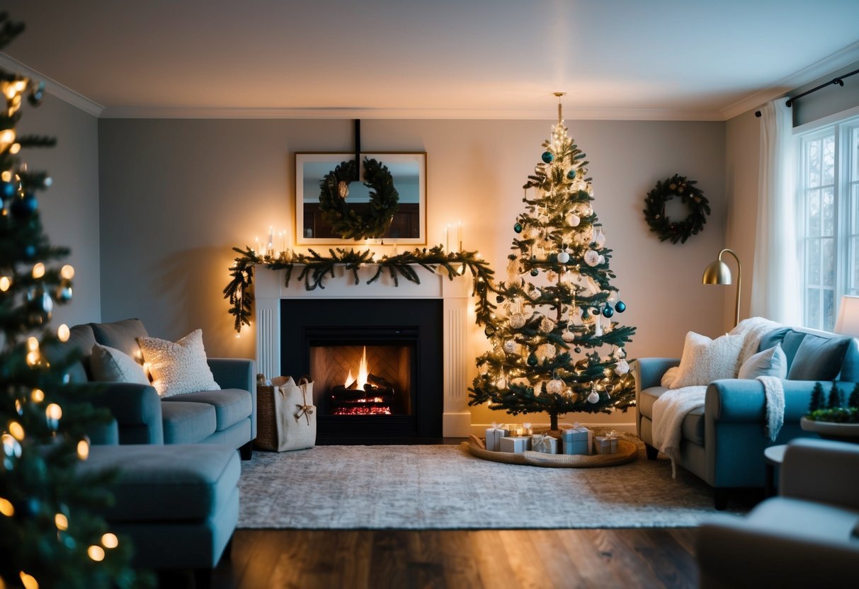 A cozy living room with a crackling fireplace, twinkling holiday lights, and a beautifully decorated Christmas tree, surrounded by comfortable seating for joyful and relaxed holiday celebrations